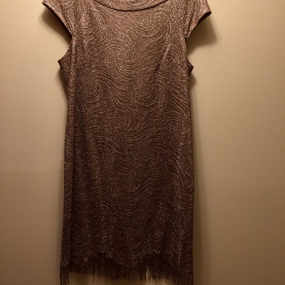Gold/Taupe Fringe Hem Women Dress Like New